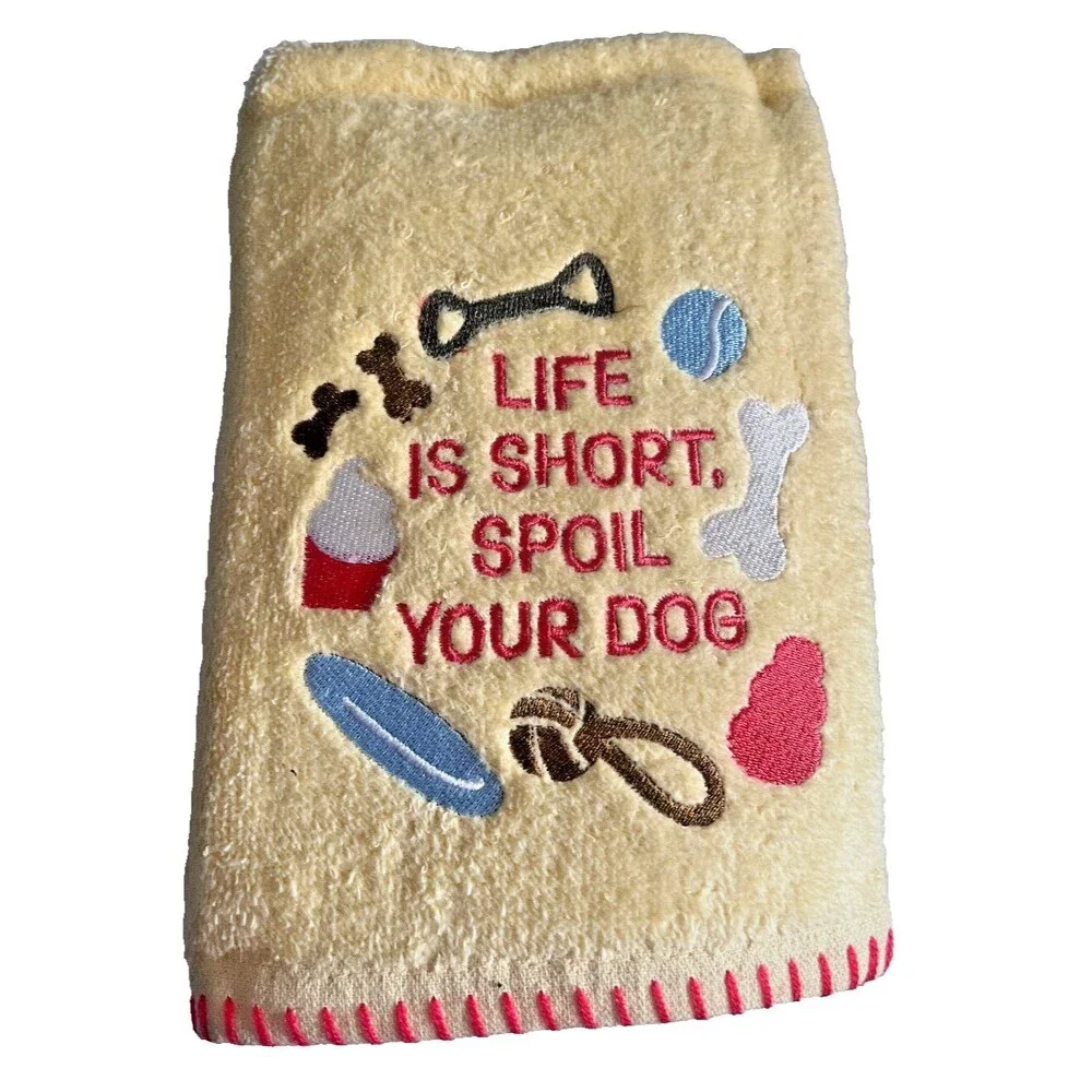 Dog Lover Hand Towels Life Is Short Spoil Your Dog Embroidered Yellow Set of 2